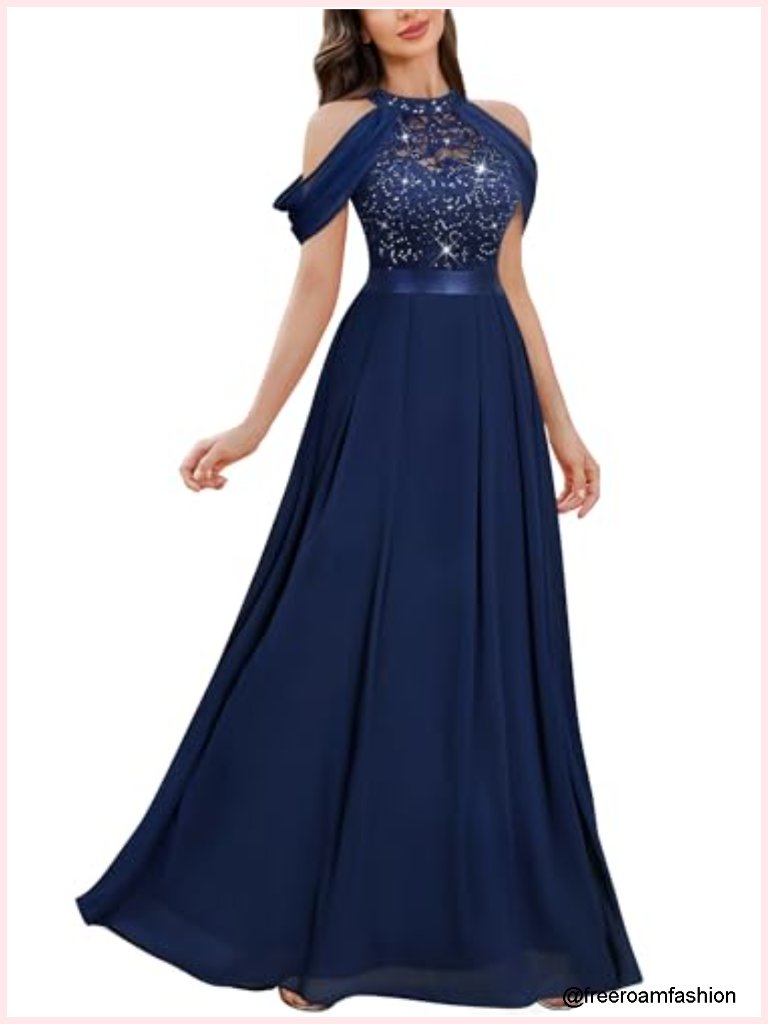 Lace Sequin Contrast Chiffon Bridesmaid Maxi Dress Cowl Neck Zipper Back